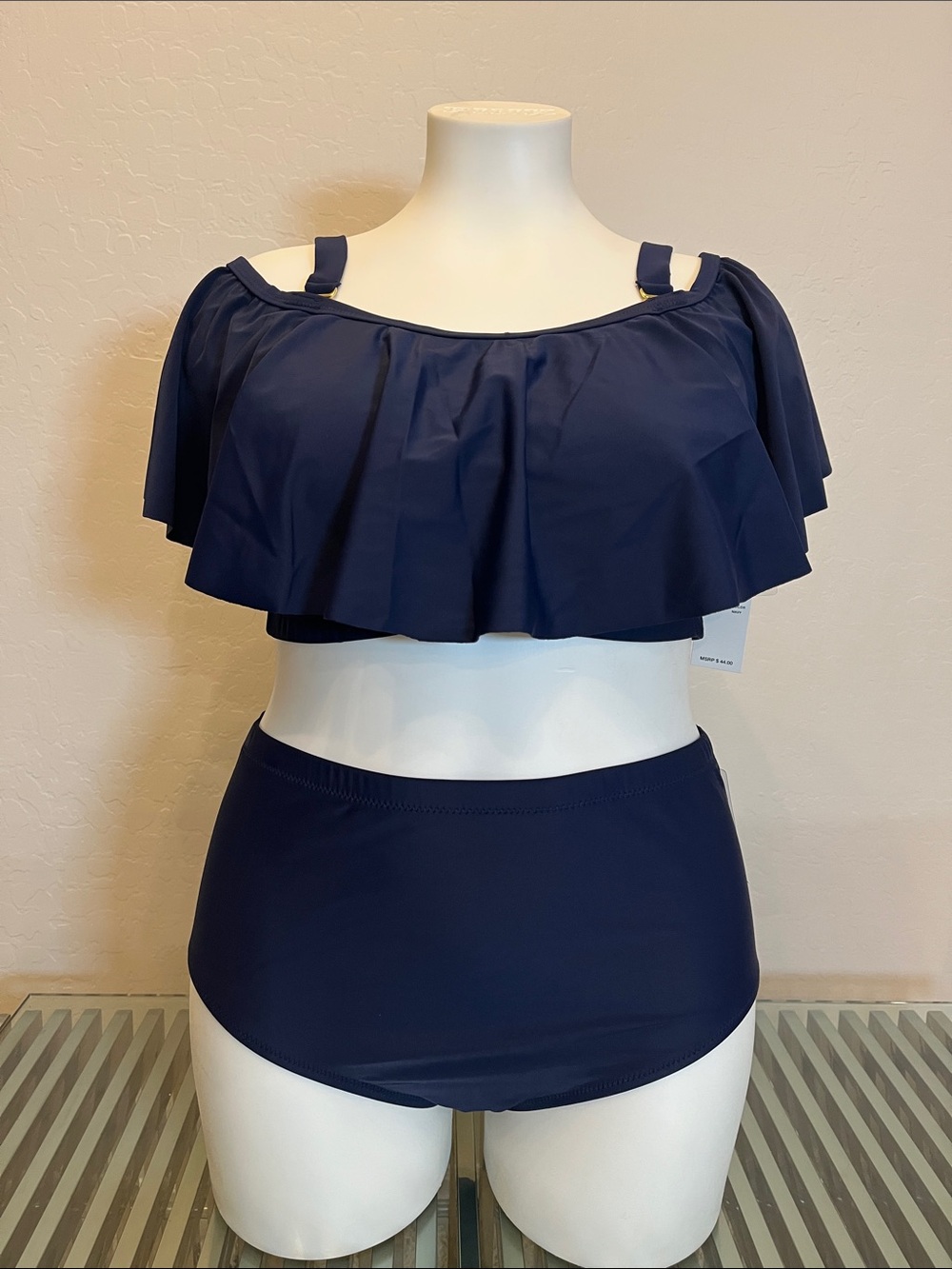 Raisins Navy Off-Shoulder Ruffle Two-Piece Bikini